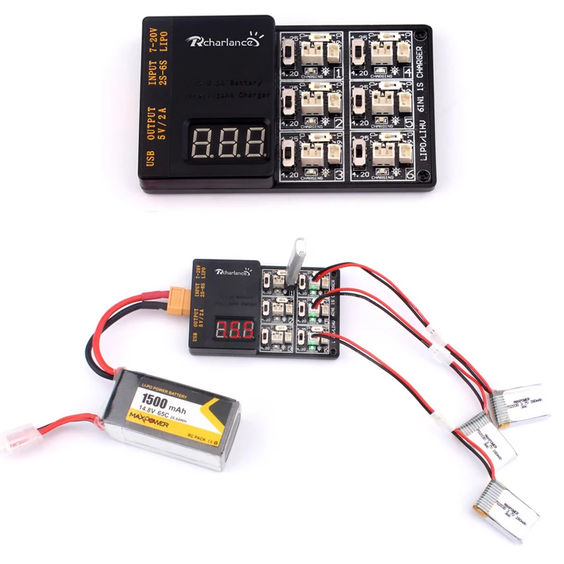 

1S Lipo 3.8V LiHv Battery Charger Board 6 In 1 Charging Hub with JST and Micro Losi Cable For KINGKONG/LDARC Tiny 6 7 mini Drone