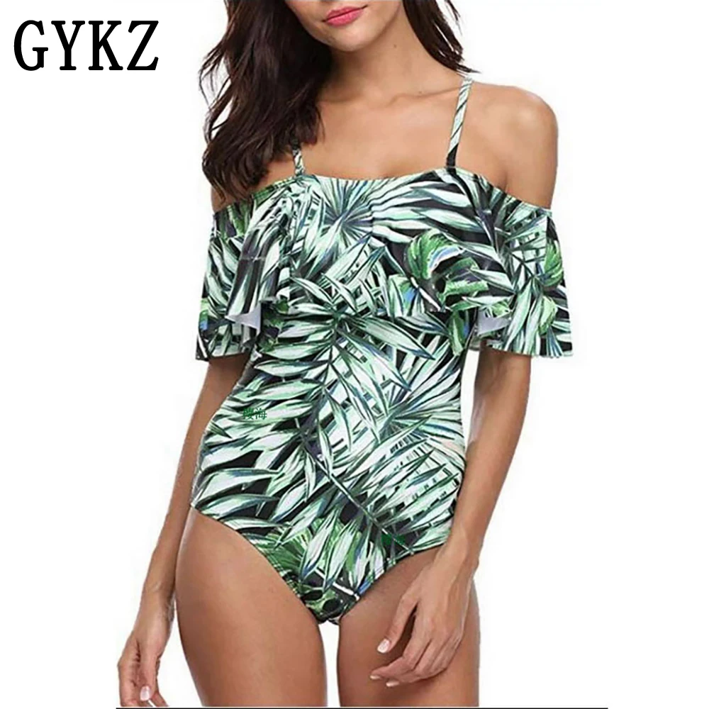 

2019Sexy Ruffles One Pieces Swimsuit Leaves Print Women Swimwear Push Up Floral Monokini Women Summer Beach Bathing Bathing Suit