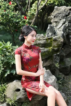 

Shanghai Story 2019 Short Qipao Silk Cheongsam With Lining Folk Style Dress Short Sleeve Chinese Oriental Dress for woman