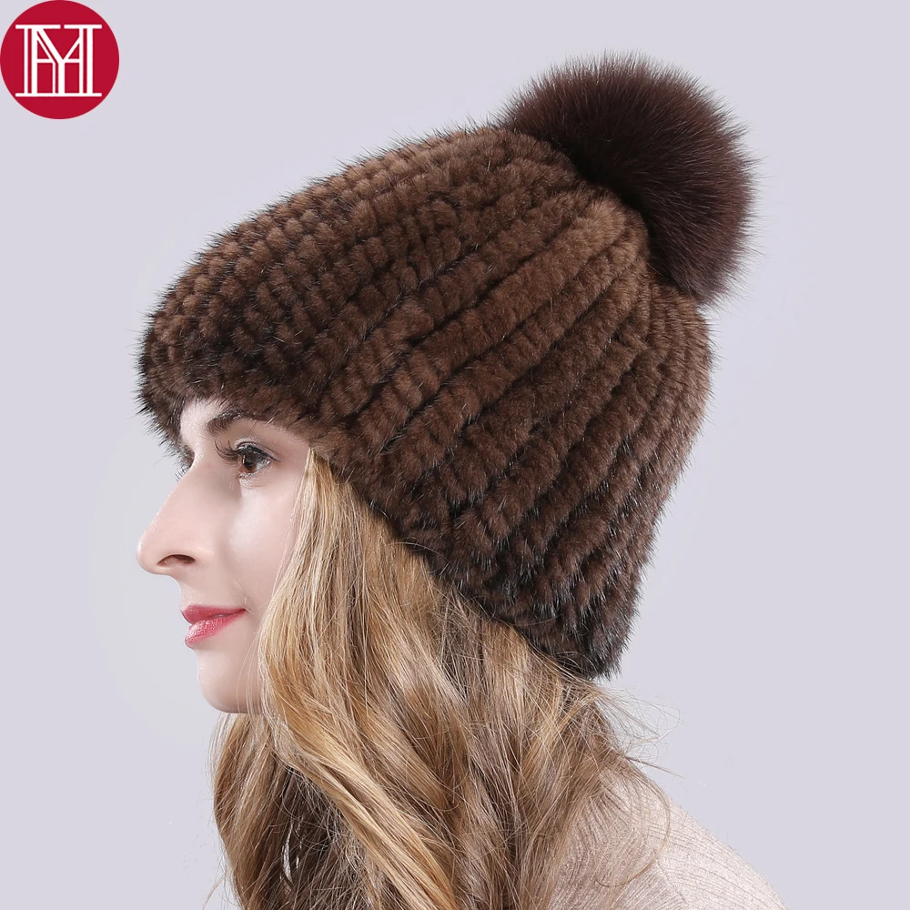 

2019 Lovely Real Mink Fur Hat Women Winter Knitted Real Mink Fur Beanies Hats With Fox Fur Pom Poms New Thick Real Mink Fur Cap