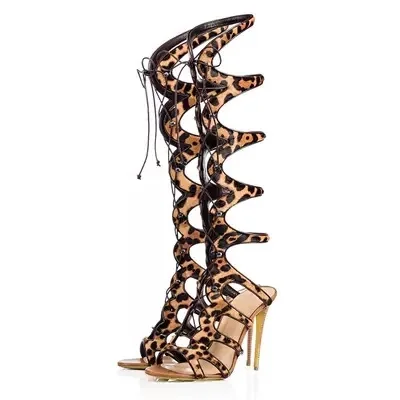 

New Style Women Sexy Leopard Hollow Out Sandals Narrow Band Lace Up Crossed Tied High Thing Heel Party Shoes High Quality