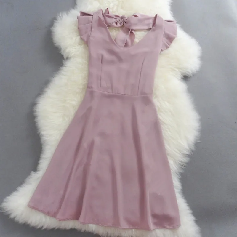 

2018 Summer Dress Women Elegant Sleeveless V-neck Bow Chiffon Dress Slim Casual Beach Dress Party Work Vestidos