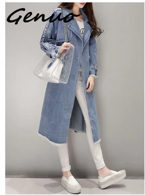 Women's Trench Coat spring Waist Denim Windbreaker Fashion Full Sleeve Outwear Printed Female Long Denim Coat Loose Big Size