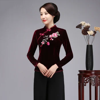 

Traditional Handmade Button Women Shirt Autumn Winter Velvet Long Sleeve Blouese Warm Clothes Vintage Tang Tops Oversize M-4XL