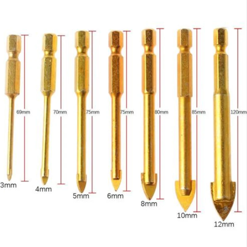 7pcs/lot Hex Glass Tile Drill Bit Set For Wall Carbide Mable Tile Ceramics Glass Granite Spear Point Cross Head 3/4/6/8/10/12mm