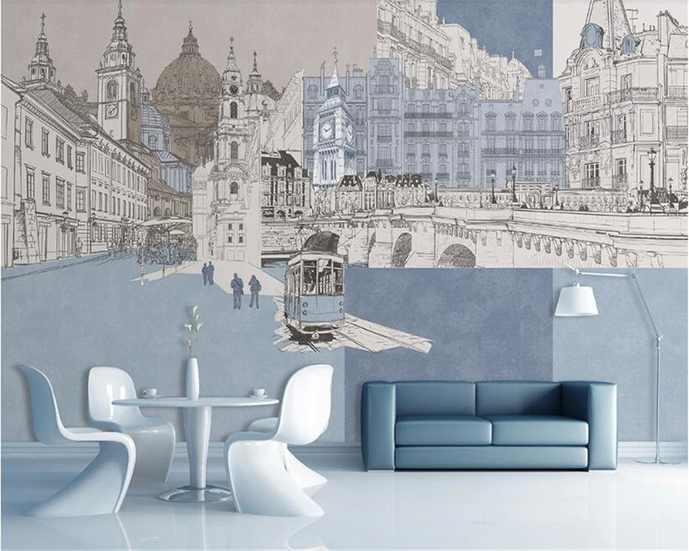 

beibehang Modern minimalist fashion three-dimensional wallpaper hand-painted urban architecture wall decorative painting behang