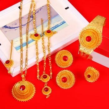 

Ethiopian Gold Hair Piece Pendant Chain Earings Ring Hair Pin Bracelet Eritrea Africa Habesha Wedding Jewelry Set
