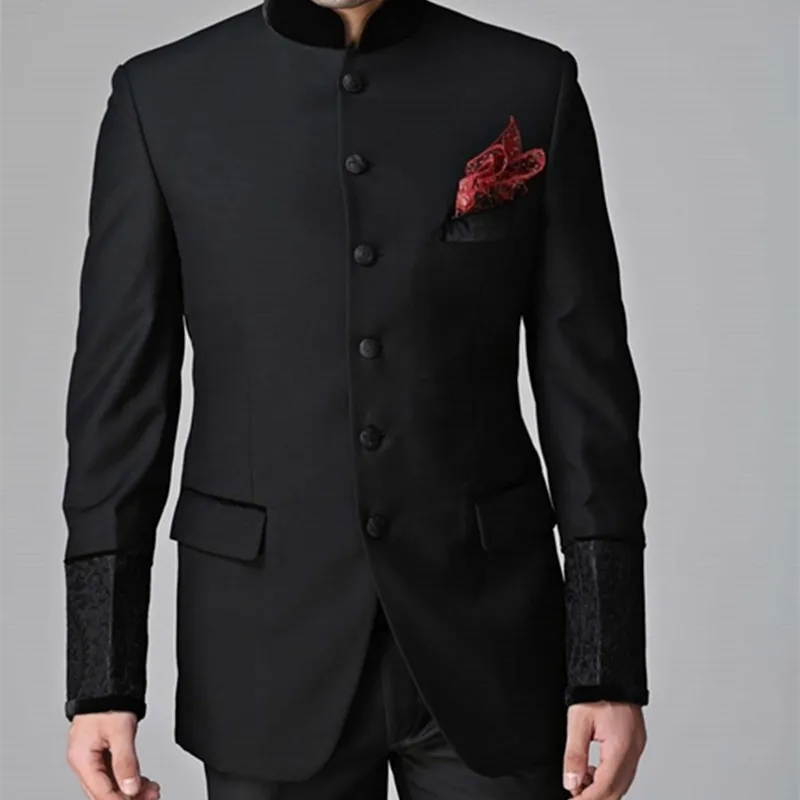  Six Buttons Groomsmen Mandarin Lapel Groom Tuxedos Black Men Suits Wedding suit men terno masculino