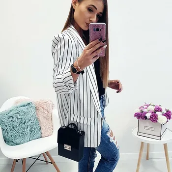 

2019 Spring Autumn Fashion Suit Jacket Women Blazer Feminino Long Sleeve Striped Casual Thin Coat OL Bussiness Jackets XZ001