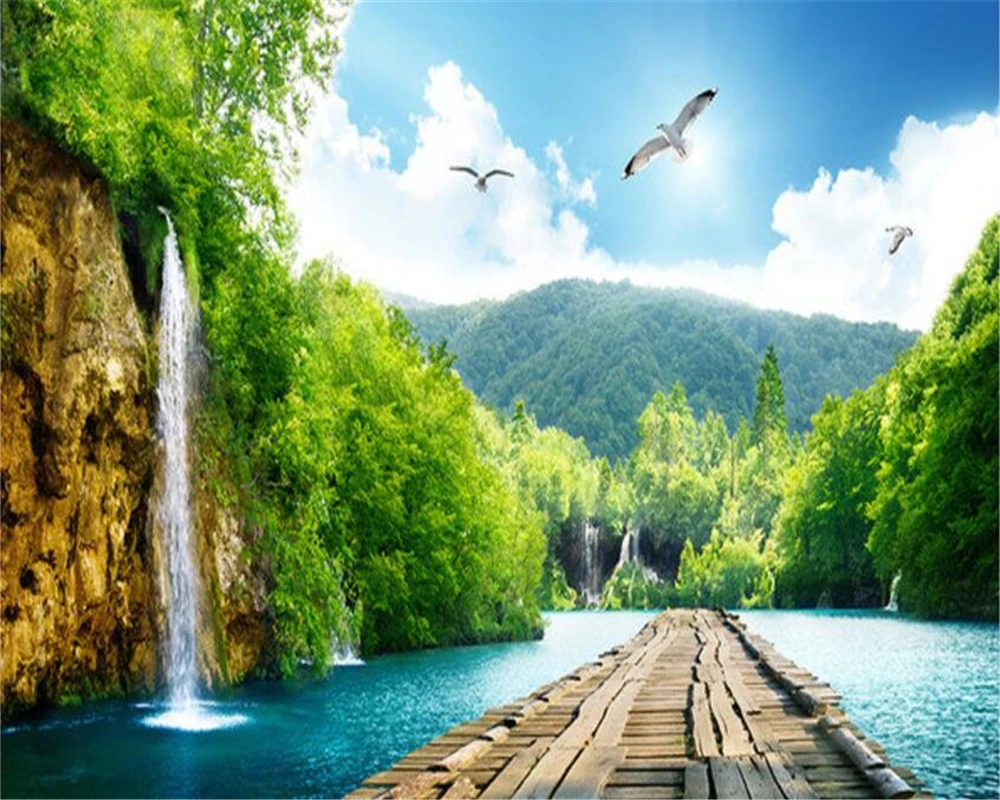 Beibehang Kustom Wallpaper Pemandangan Air Terjun Jembatan Kayu 3D