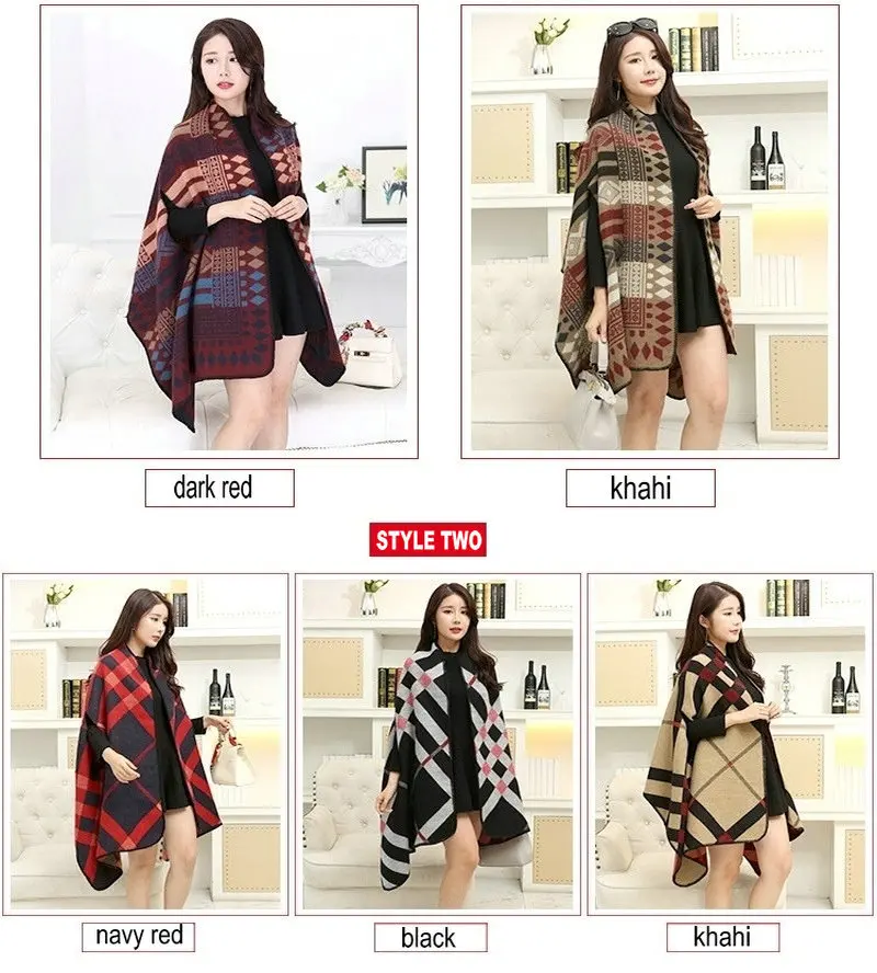 Новинка 2016 Брендовое Женское зимнее пончо трикотажное клетчатое винтажное