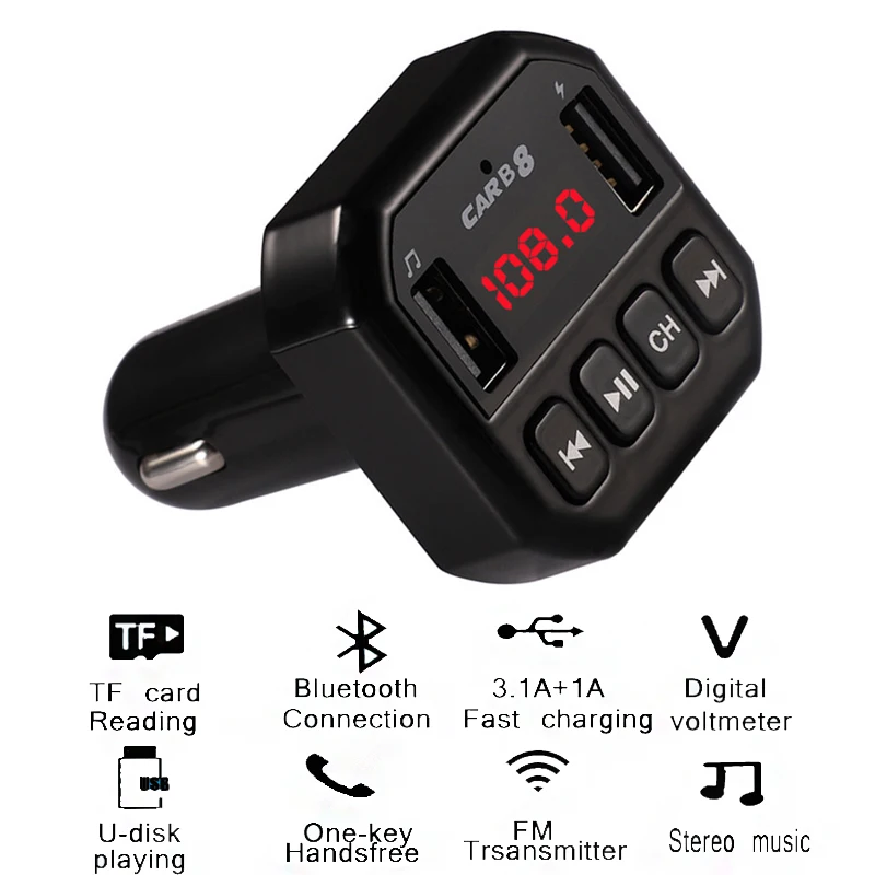 

FM transmitter Bluetooth Handsfree Car Kit Wireless Audio Receiver U disk TF Card Play Digital Voltmeter Dual USB Phone Charger