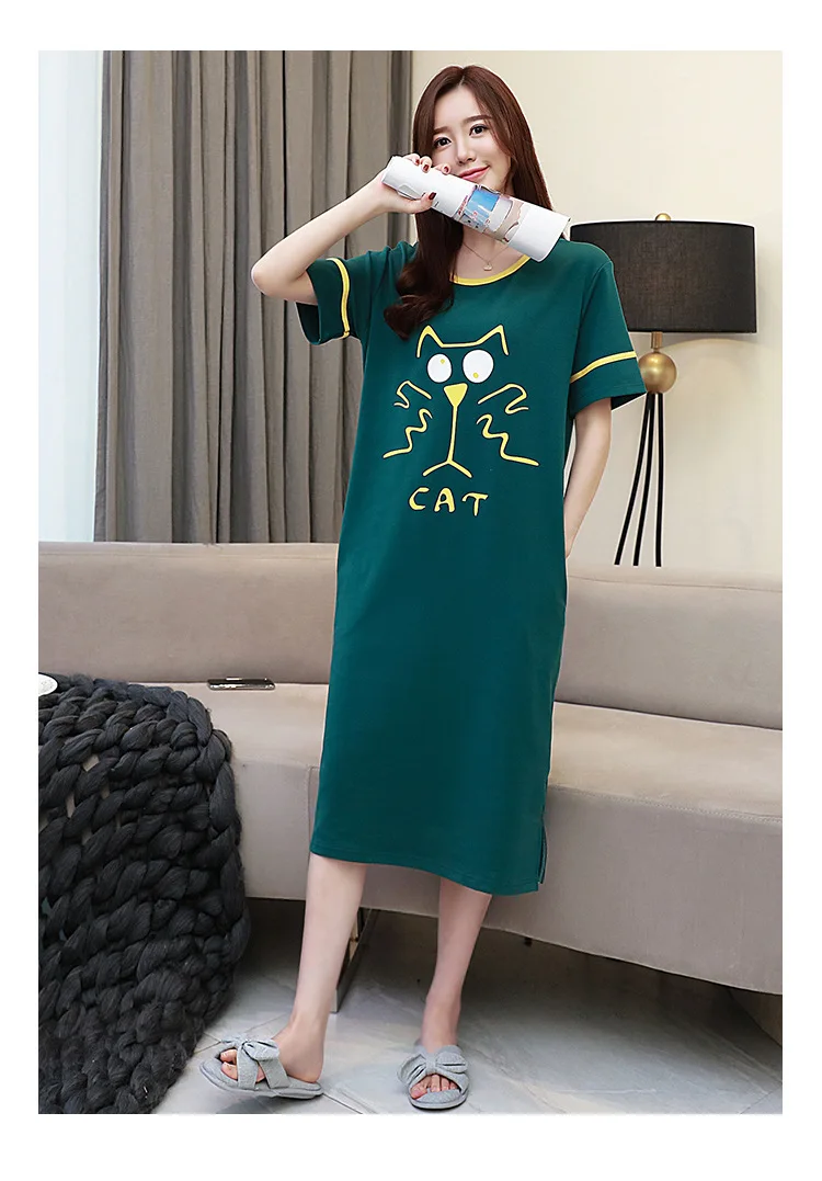 3XL Женская ночная рубашка с рисунком в горошек, милая женская летняя Пижама с коротким рукавом, ночная рубашка, длинное Хлопковое платье