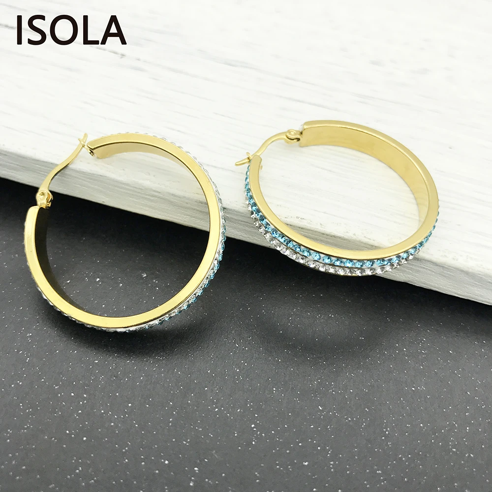 ISOLA, высокое качество, круглая титановая сталь, окруженная зелеными и белыми серьги-кольца с горным хрусталем, эффектные серьги в форме колец