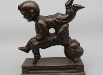

10"China Chinese Art Bronze Copper Two Boy Play Acrobatics Acrobatism Statue