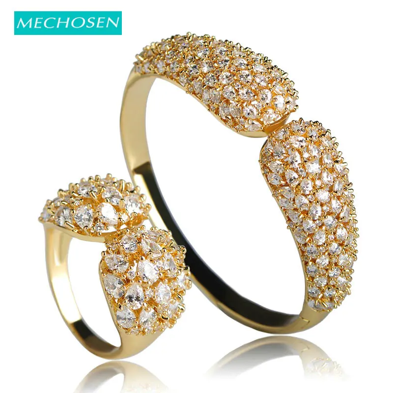 MECHOSEN Simple Style Silver Color Full Zirconia Bracelet Bangle Ring Jewelry Sets For Women Wedding Decoration Hand Accessories