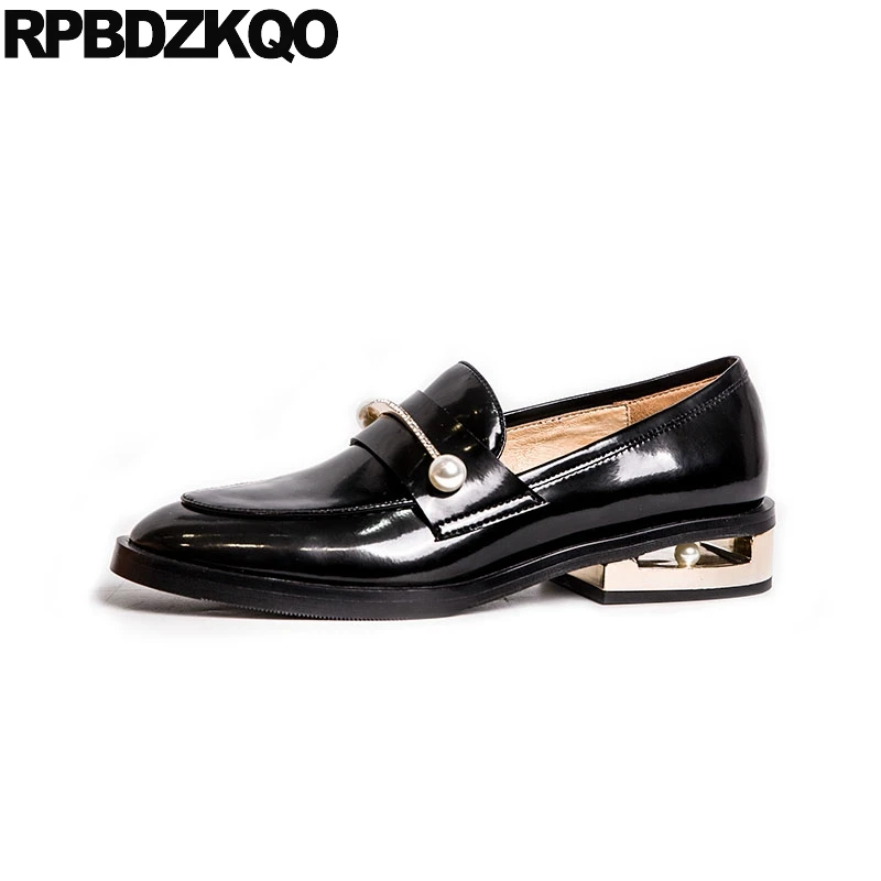 

crystal diamond high quality european pearl loafers round toe luxury rhinestone vintage women oxfords shoes patent leather black