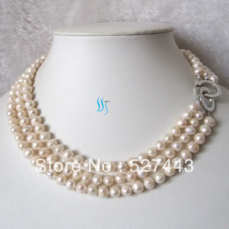 

Wholesale free shipping >>17-19" 6-8mm 3Row White Freshwater Pearl Necklace Off Round Strand