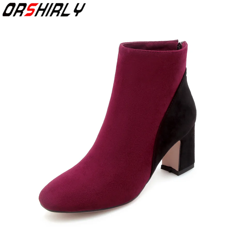 

Orshirly Women Flock Ankle Boots Spring Autumn mixed colors Ladies Square toe Motorcycle Boots solid black Large Size 34-43