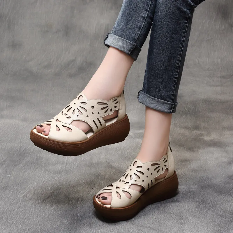 Women Leather Sandals Wedge Shoes Embroidery 6 Cm High Heels Chunky Sandals Beige Retro Shoes Handmade Genuine Leather Sandals Women Leather Sandals Wedge Shoes Embroidery 6 Cm High Heels Chunky Sandals Beige Retro Shoes Handmade Genuine Leather Sandals