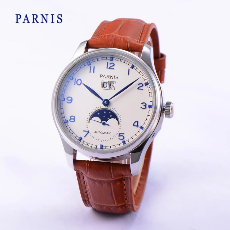 42mm Parnis Auto Date Automatic Power Reserve Men's Mechanical Watch White Dial Blue Numbers PA4002 Moon Phase