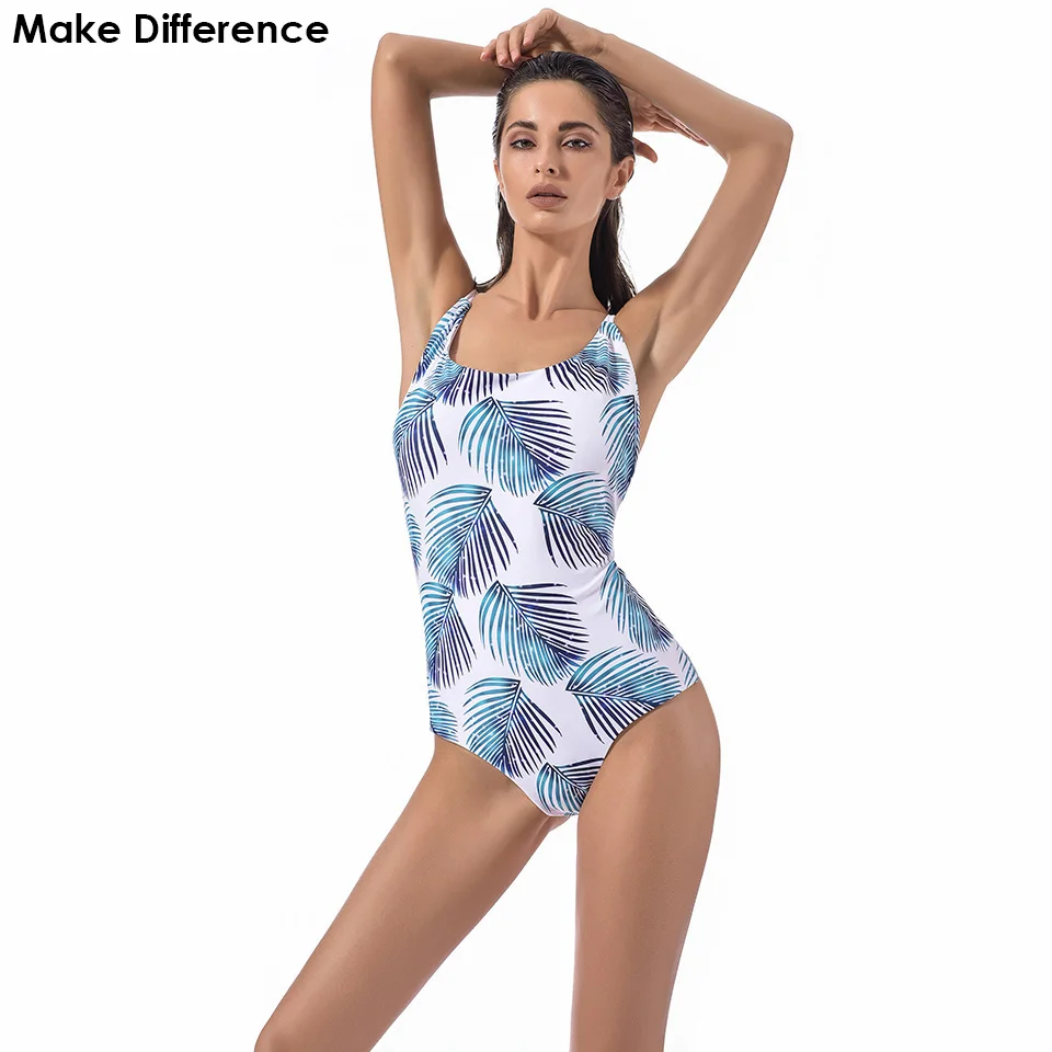 Make Difference Feather Print Backless Swimsuit Sexy Monokini Trikini
