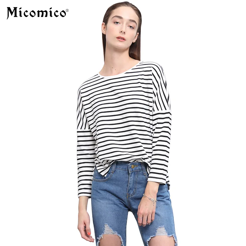 

Micomico Women Long Sleeve T-Shirts 2019 Spring Autumn Cotton T-Shirt Stripe Printed Loose Casual Tees Tops Womens Clothing