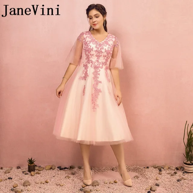 Special Offers JaneVini 2018 Pink Bridesmaid Dresses A-Line Princess V-Neck Lace Applique Backless Tea Length Tulle Plus Size Formal Prom Dress Special Offers JaneVini 2018 Pink Bridesmaid Dresses A-Line Princess V-Neck Lace Applique Backless Tea Length Tulle Plus Size Formal Prom Dress