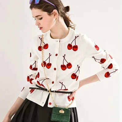 

Cherry Embroidery Cardigan Women Autumn Knitted Sweater Cute Cardigan Female White Ladies Cardigans New Arrival