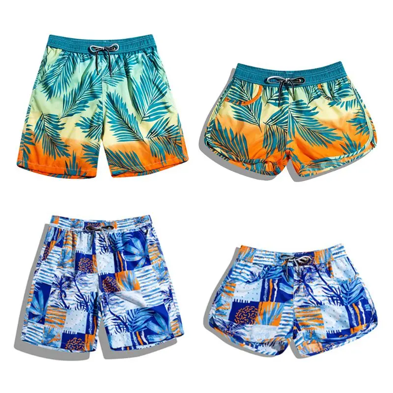 Matching Couple Beach Shorts Women Men Summer Gradient Leaves Print ...