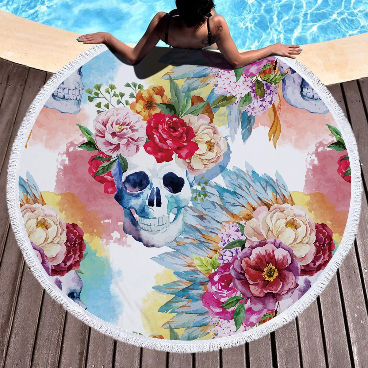 Круглое пляжное полотенце с цветочным принтом и черепом из микрофибры, диаметр 150 см, большие пляжные полотенца для взрослых, плотная махровая ткань