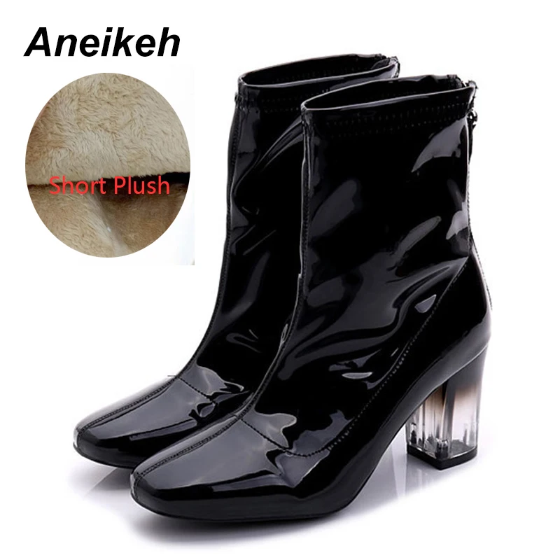 

Aneikeh Boots Women Shoes Comfortable Patent Leather Round Toe Zipper For Women Mid Calf Boots Transparent Heels Lady Punk Shoes
