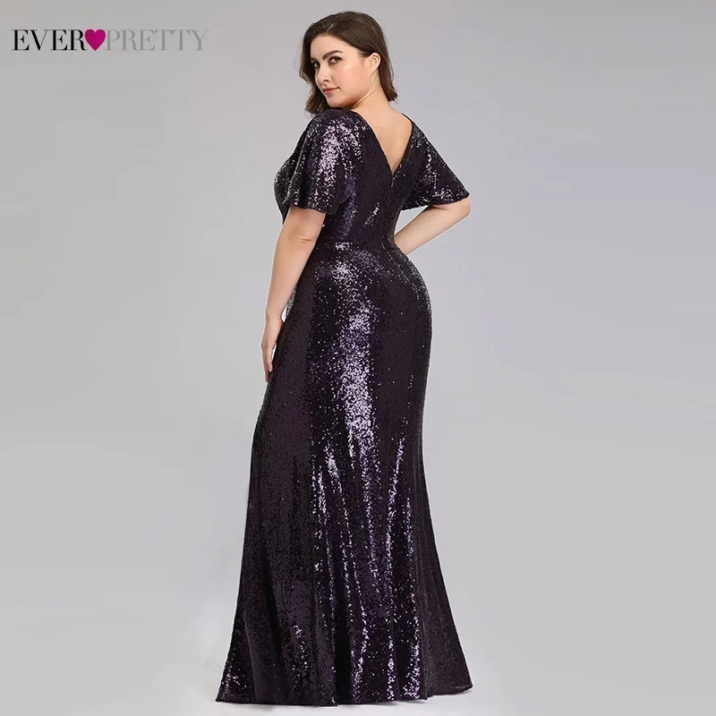 Plus Size Dark Purple Mermaid Prom Dresses Ever Pretty Sequined O-Neck Short Sleeve Sexy Party Dresses Vestidos De Gala