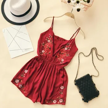 

2019 Fashion Women Floral Embroidery Sexy Jumpsuits Solid Sleeveless Summer Bodysuits Short V-Neck Casual Playsuits