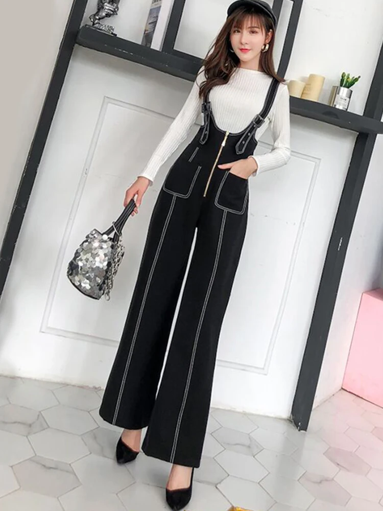 

Women Spring High Waist Zipper Full Length Wide Leg Pants OL Lady Plus Size Loose Strap Braces Suspender Pants Overalls