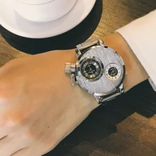 Duplo movimento grande dial relógio masculino moda personalidade criativa relógio único dois fuso horário de prata esportes relógio de pulso estudantes