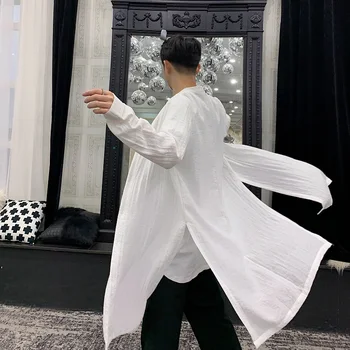 

Men Stand Collar Long Sleeve Casual Linen Shirt Male Japan Streetwear Hip Hop Long Style Cardigan Black White Shirts