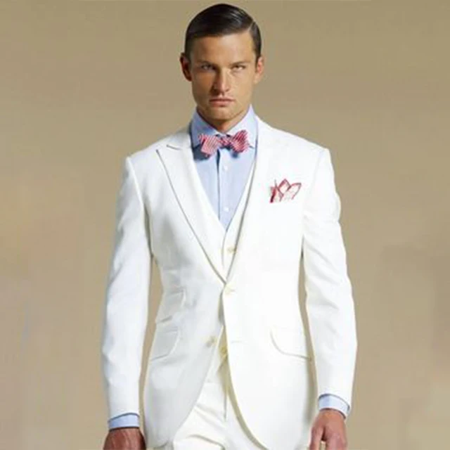 Ivory Wedding Suits For Men, Bespoke Peak Lapel Ticket Pocket Ivory ...