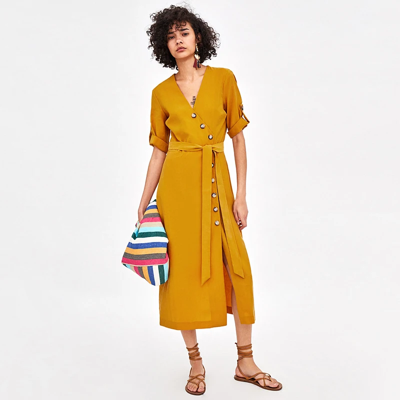 Miguofan Casual Yellow Midi Wrap Dresses For Women With