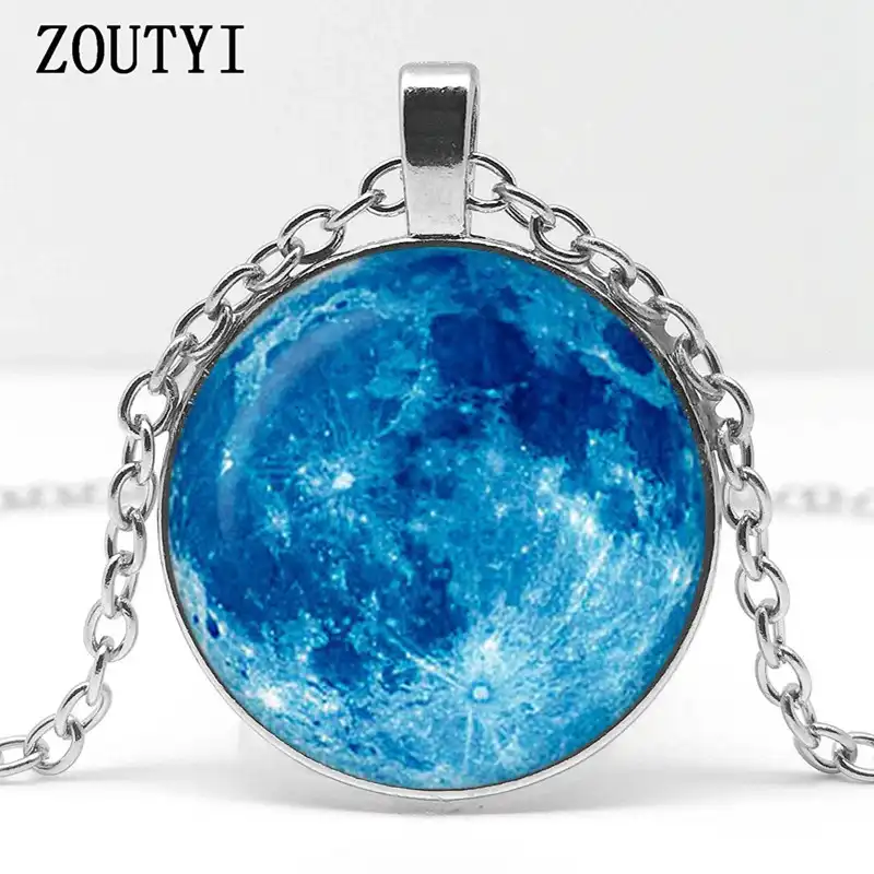 2018 Hot Sale Blue Moon Pendant Full Moon Necklace Glass Photo Pendant Blue Outer Space Star Pendant Jewelry Aliexpress