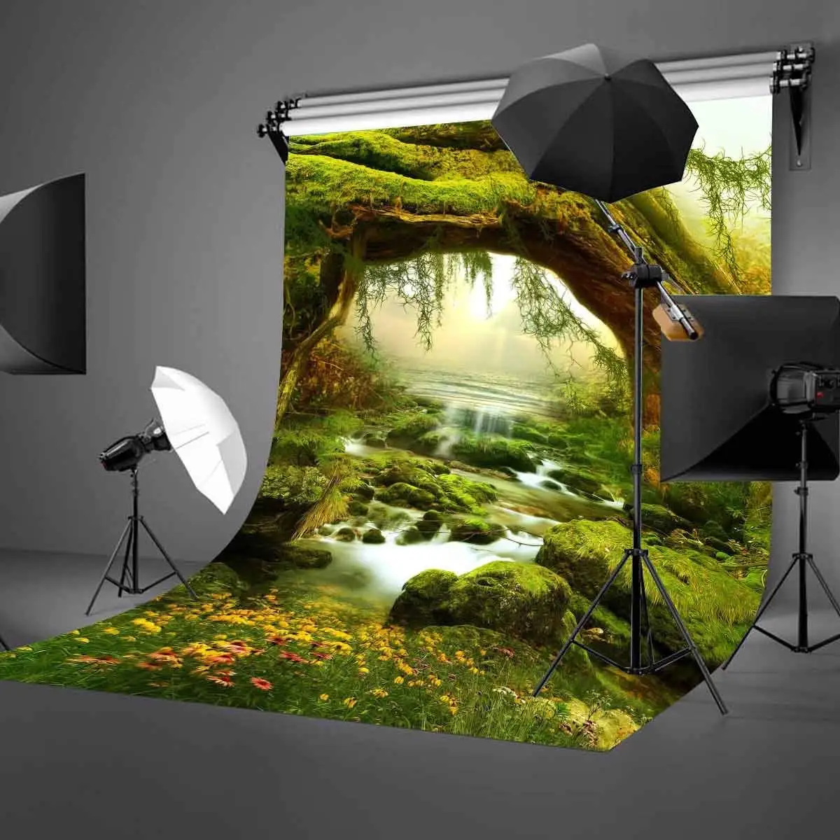 5x7ft лес утренний вид фон зеленые деревья травы медленно течет поток фотографии