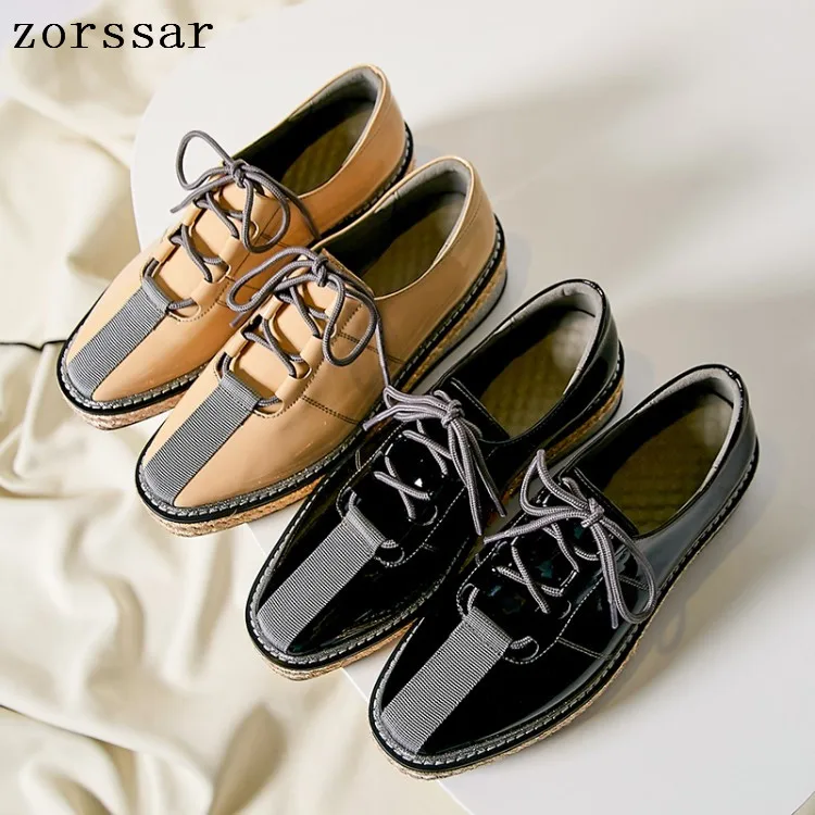 

Zorssar 2019 Spring women flats Patent leather platform sneakers women shoes ladies casual lace up flats creepers moccasins