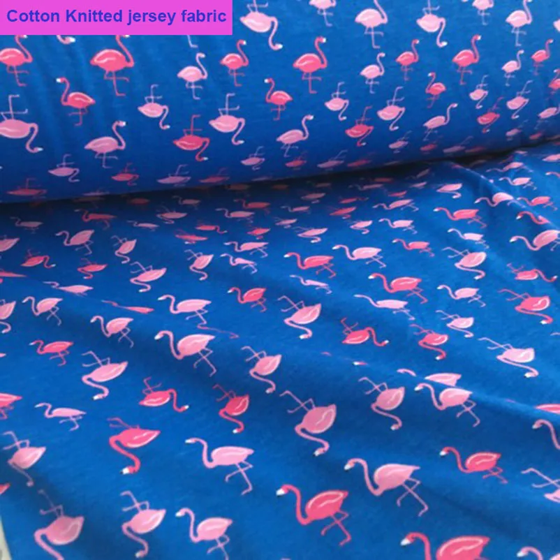 

Wide 155cm Fine Cotton knitted Jersey Fabric Blue Bottom Pink Flamingo Printed Fabric Sewing Material diy Baby T-shirt Clothing