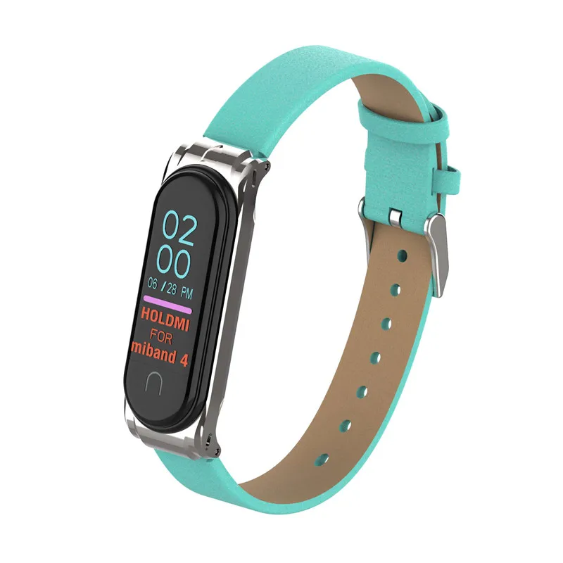 Colorful Leather Mi Band 4 3 Metal strap For xiaomi Mi Band 4 3 PU Stainless Bracelet MiBand 4 3 Wristbands Replacement straps - Цвет: green