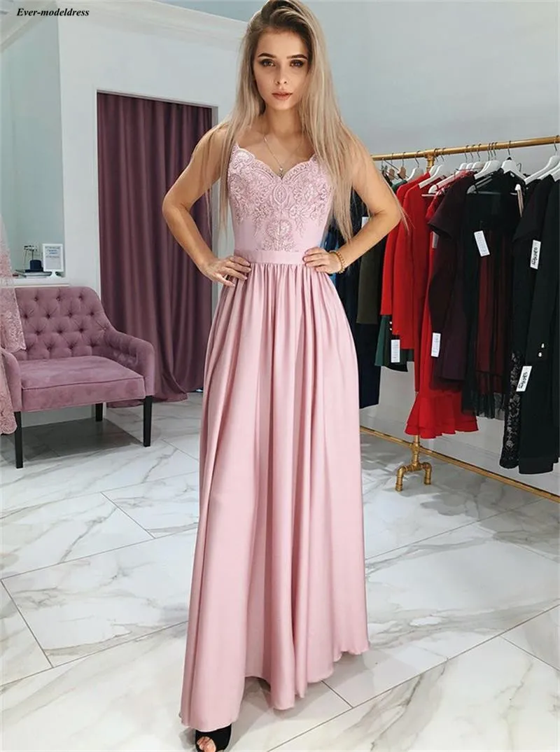 

Pretty Pink V-Neck 2019 Prom Dresses Lace Appliques A-Line Graduation Party Gowns With Slit Floor Length vestidos de gala