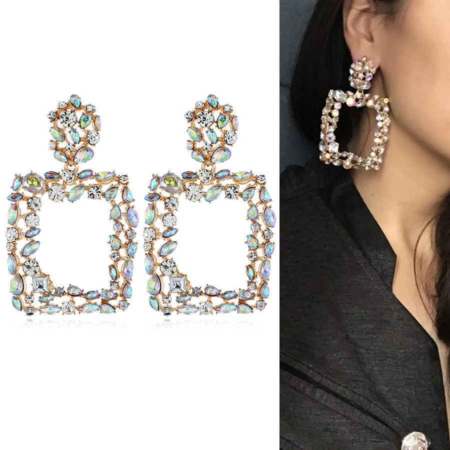 

RAVINOUR 2018 Brand New Dangle Earrings Women Jewelry Big Square Crystal Long Earings Wedding Gift Punk Handmade Vintage Brincos