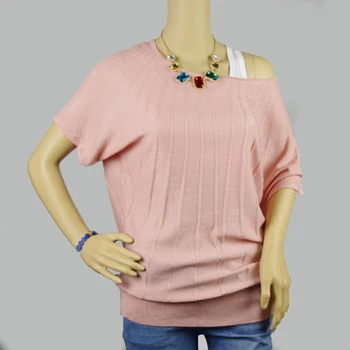 

Summer Ladies Women Short Sleeve Plus Size Loose Vertical Stripe O-Neck Pullover Knitwear Sweater Super Soft Comfy Thin Dress