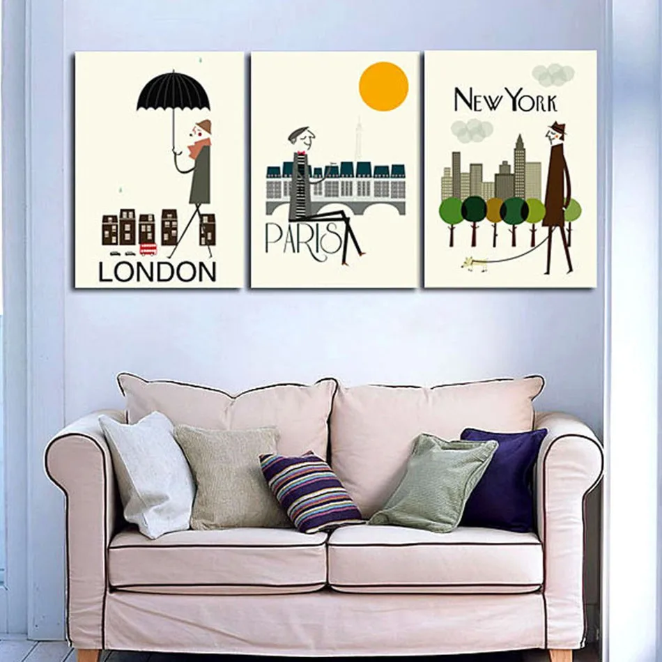 3 Panel Modern City Painting London Paris New York Cartoon Wall Art