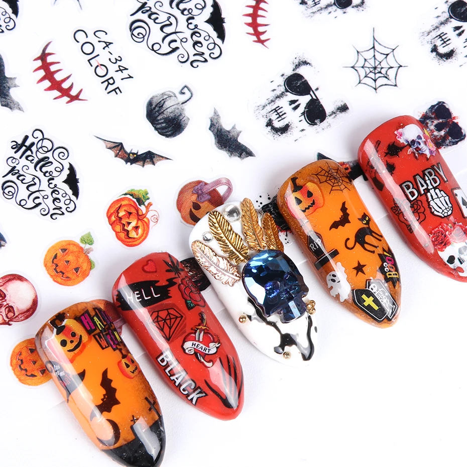 1 Sheet Halloween Nail Sticker 3d Adhesive Nail Art Decal Pumpkin Skull Tattoo Clown Slider For Manicure Accessories Leca338 346 Stickers Decals Aliexpress