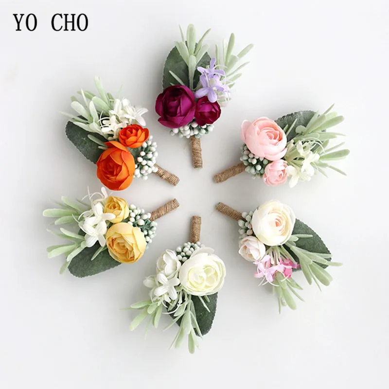 

YO CHO Wedding Planner Boutonniere White Wrist Corsage Bracelet Bridal Flower Wedding Boutonniere for Guests Mariage Accessories